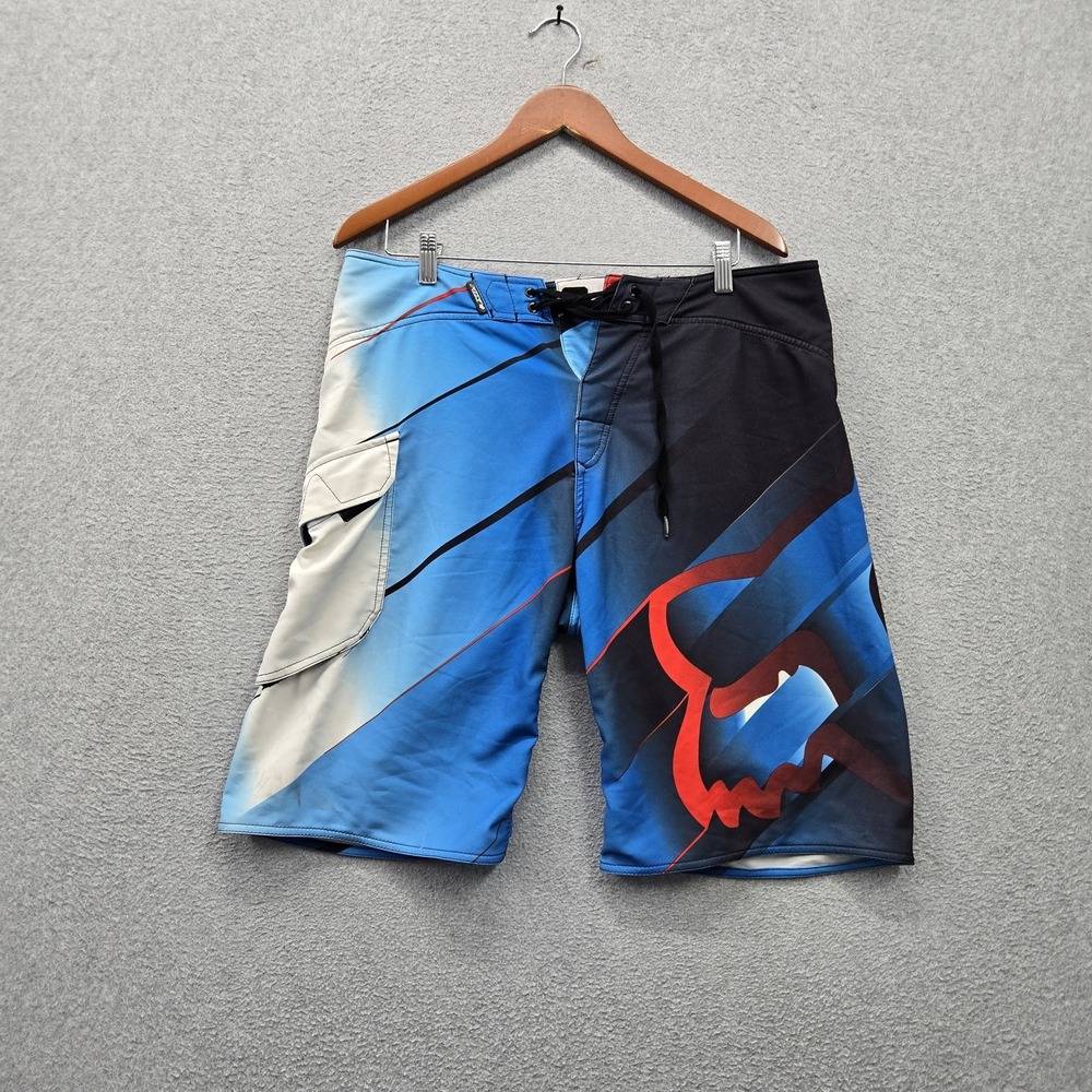 Fox Men Shorts 36 Blue Swimwear Graphic Logo Board Shorts 10" Inseam Stretch